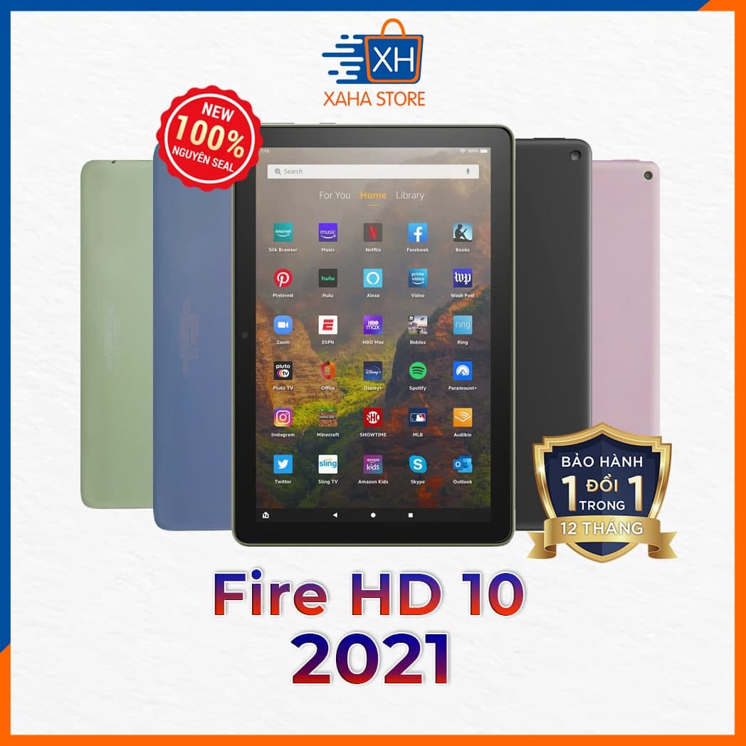[Hoàn Tiền MAX] Máy tính bảng Fire HD 10 RAM 3GB 2021 chính hãng Amazon, màu black Denim Olive lavender, bảo hành 12 tháng