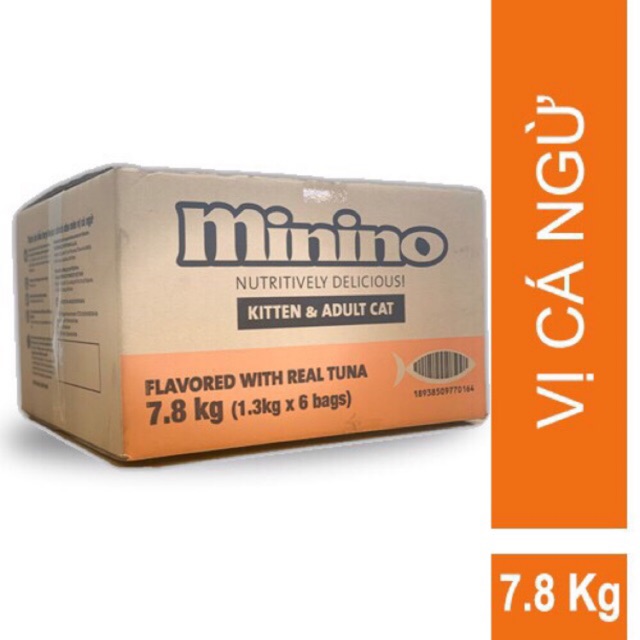 1 thùng 6 gói thứ ăn dành cho mèo lớn và mèo con minino 7.8kg