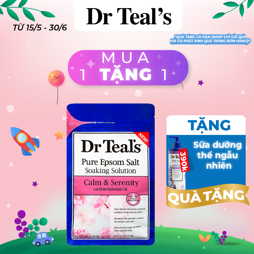 Muối tắm Dr Teals xuất xứ Mỹ 1360g Từ Muối Epsom tinh dầu hoa hồng và sữa thư giãn xua tan cơn đau cơ bắp