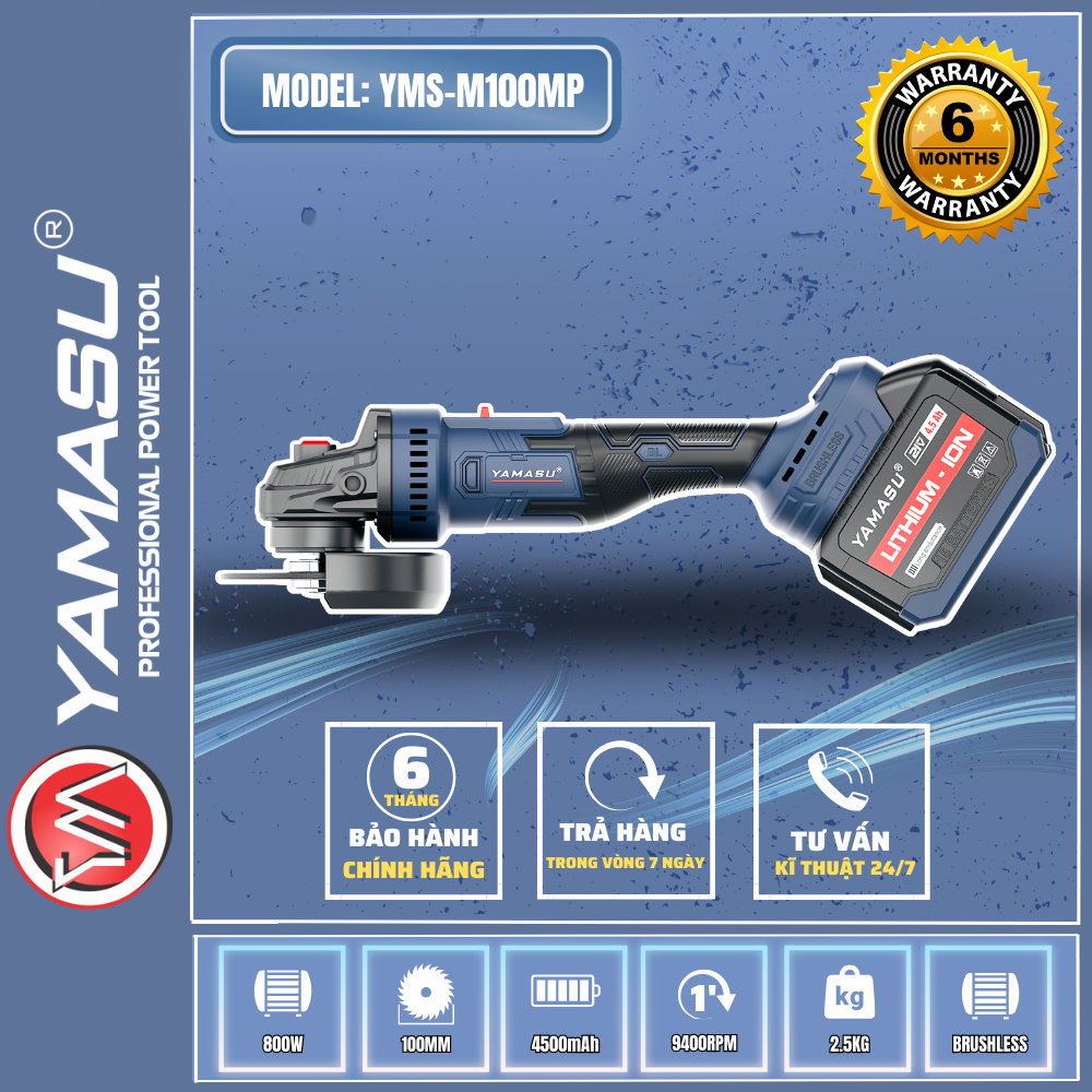 Máy cắt mài pin 21v yamasu yms-m100 mp với công suất lớn 850w và tốc độ tải: 8.500 vòng/phút