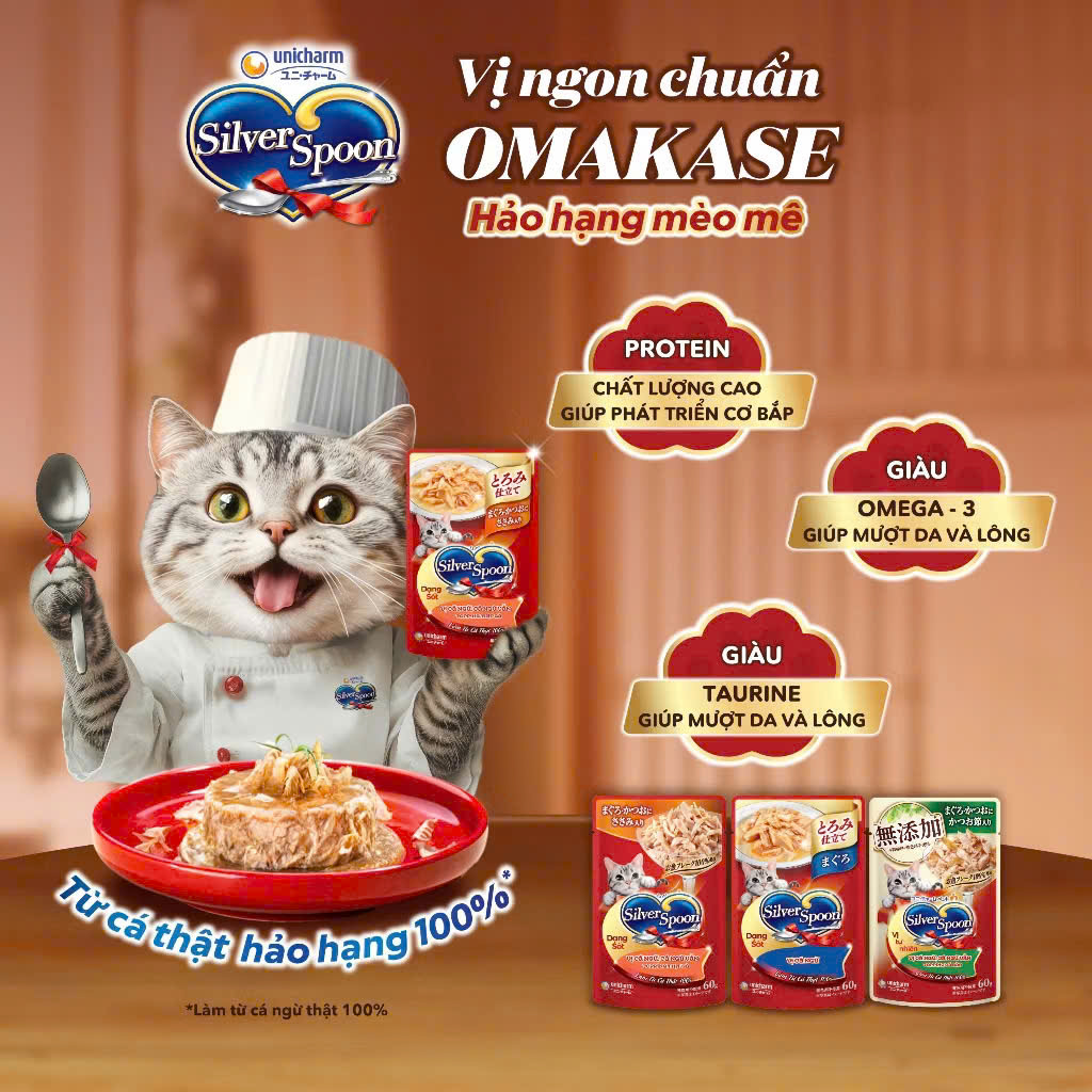 [ Combo 24 gói] Pate Silver Spoon cho mèo – Gói 60g | Dạng Sốt & Dạng Thạch | Làm từ cá thật 100% thơm ngon dinh dưỡng