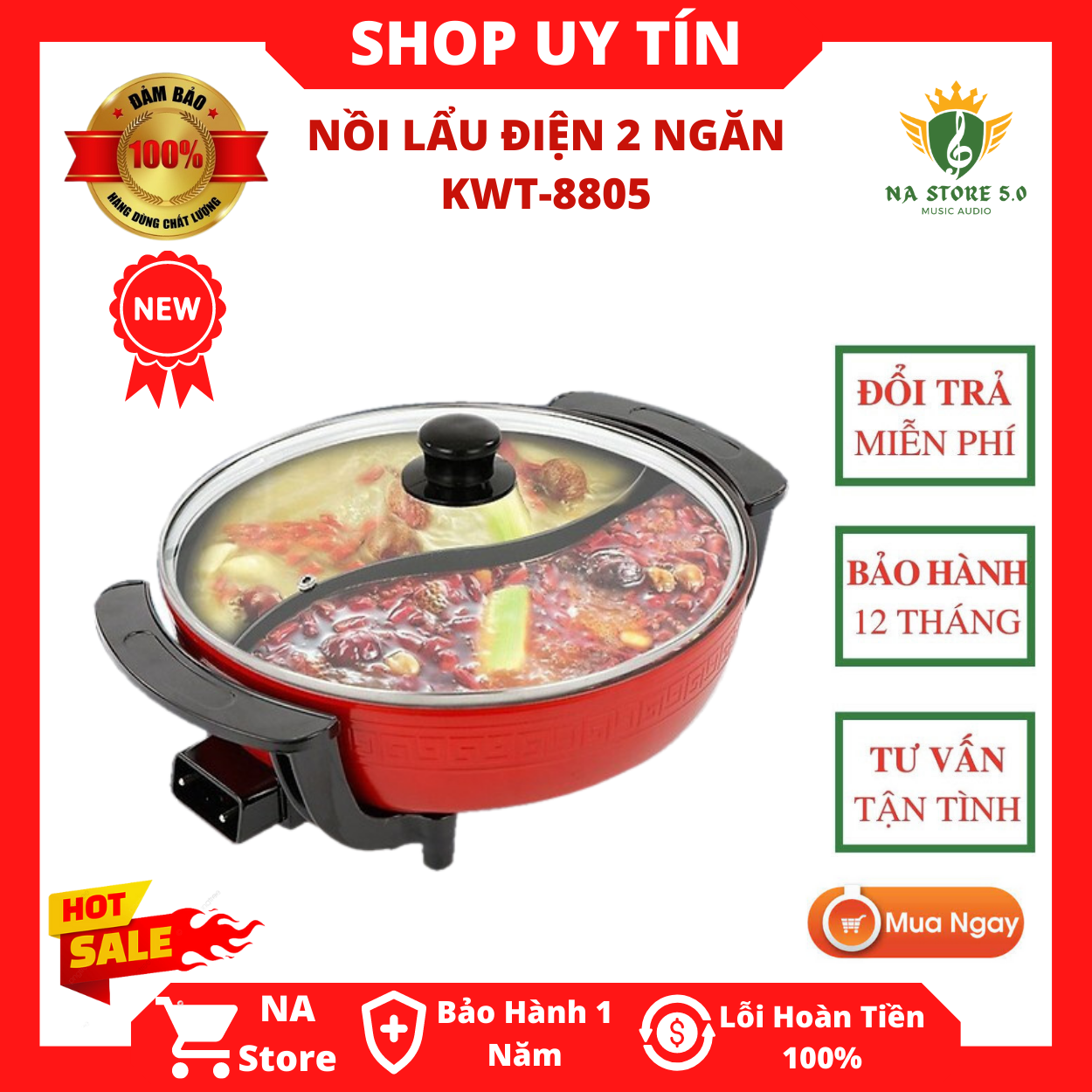 Nồi lẩu điện 2 ngăn - nồi lẩu điện 2 ngăn kwt-8805 - nồi lẩu điện 2 ngăn đa năng -chống dính, sôi nhanh, chức năng nấu lẩu, chiên xào siêu tiện lợi, bảo hành 12 tháng