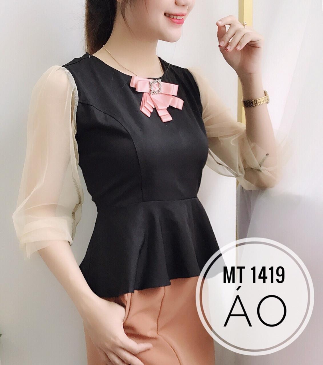Áo kiểu nữ tay lưới nơ ngực kiểu peplum sang trọng mt1419
