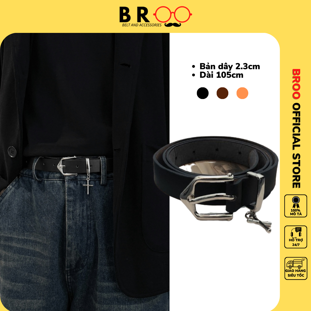 Thắt lưng da BROO đính thánh giá dây nịt ulzzang unisex bản nhỏ 2.3cm cho nam nữ