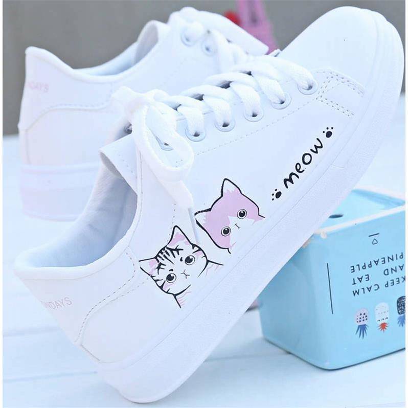Giày nữ trắng thể thao họa tiết meow size 35 - 40