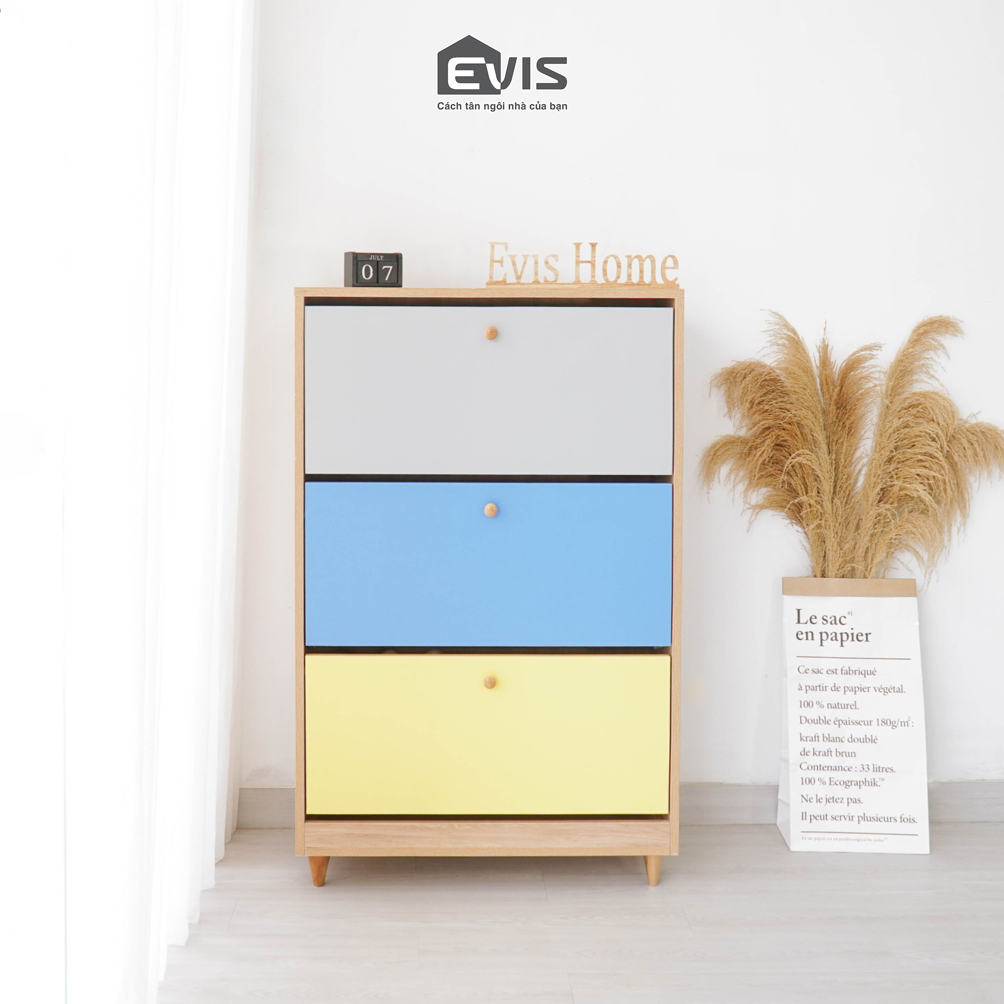 [Chỉ Giao Ở TPHCM] Tủ Giày Dép Thông Minh Evis Home - Tủ Gỗ 3 Tầng, Sức Chứa Lớn - Nội Thất Phòng Khách Hiện Đại - Cánh Tủ Phối Màu