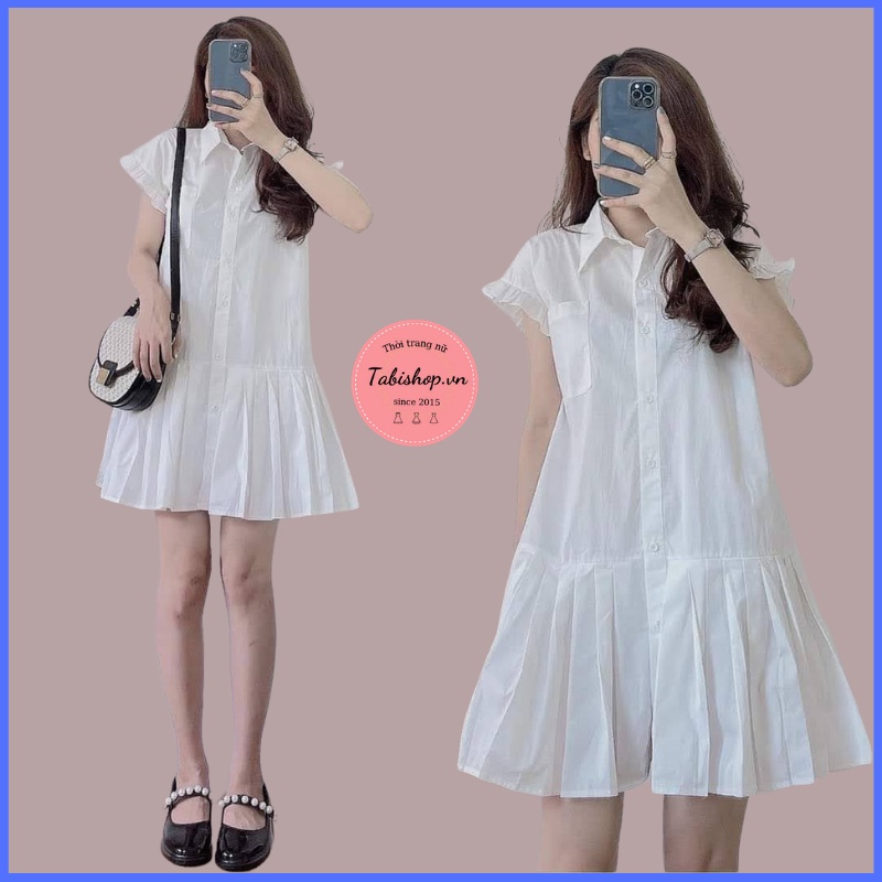Đầm sơmi trắng váy babydoll xuông xếp ly xinh xắn