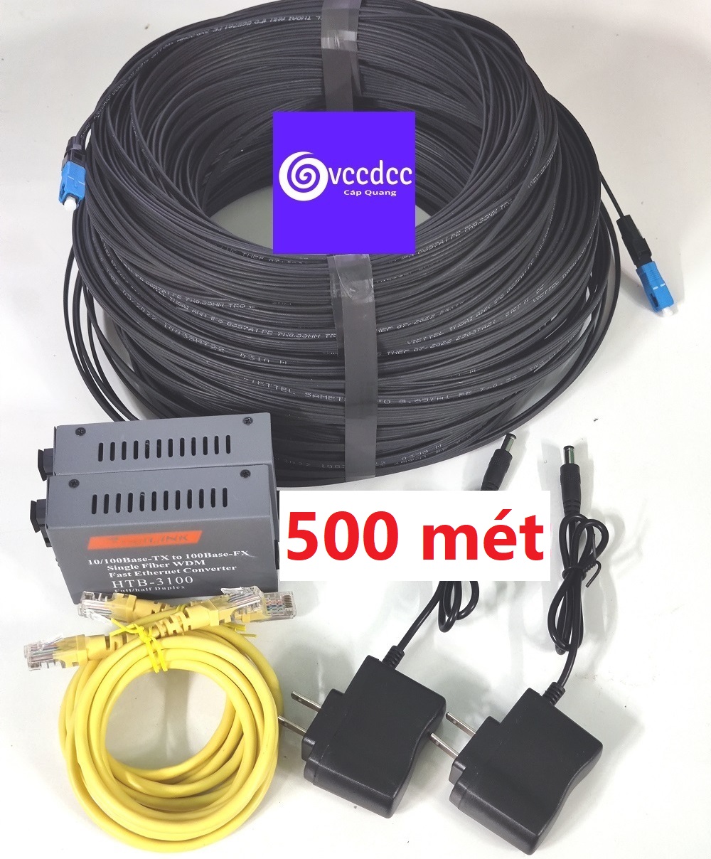 Combo 500m cáp quang 1fo gia cường bấm sẵn 2 đầu sc + cặp converter quang htb 3100. gs03 , a,b