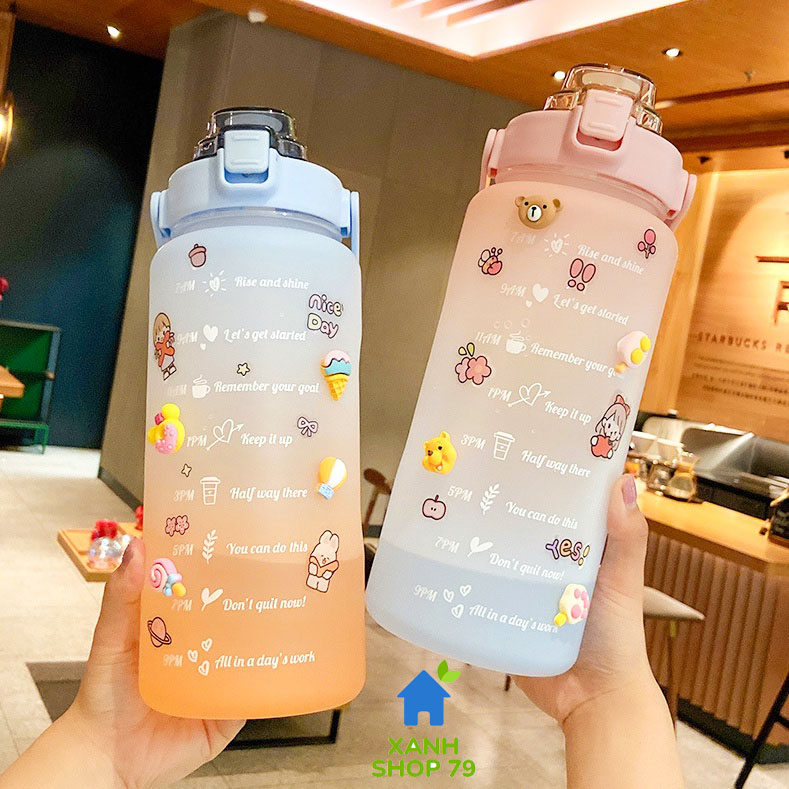 Bình Nước 2 Lít Tặng Kèm Sticker Có Vạch Báo Giờ Uống Nước Tiện Lợi Chất Liệu Tốt An Toàn Cho Sức Khỏe, bình nước cute nữ, bình đựng nước 2 lít, bình đựng nước, bình nước tập gym, bình giữ nhiệt 2 lít