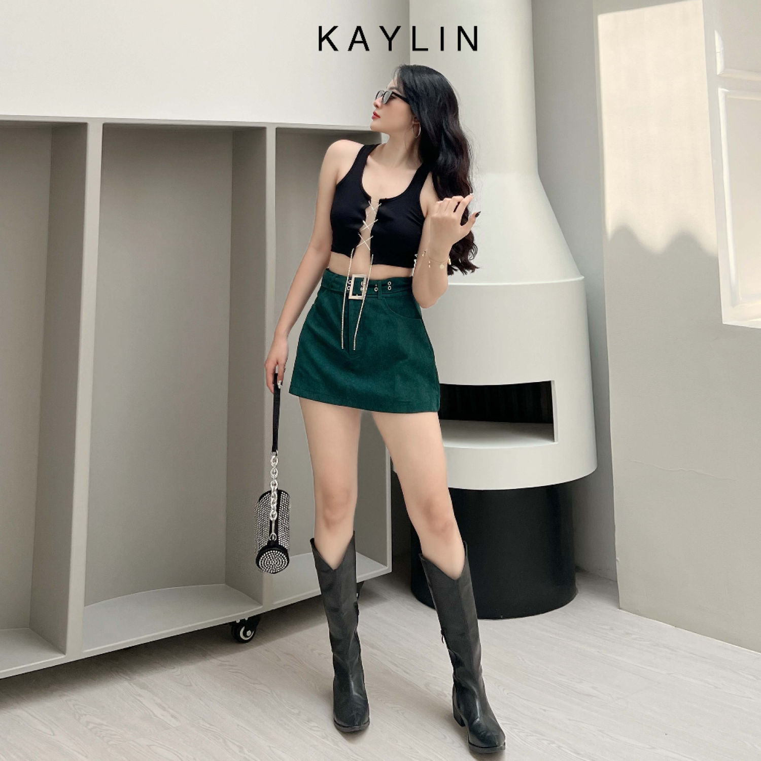 Chân váy nhung trơn phối belt phong cách kaylin - n1929