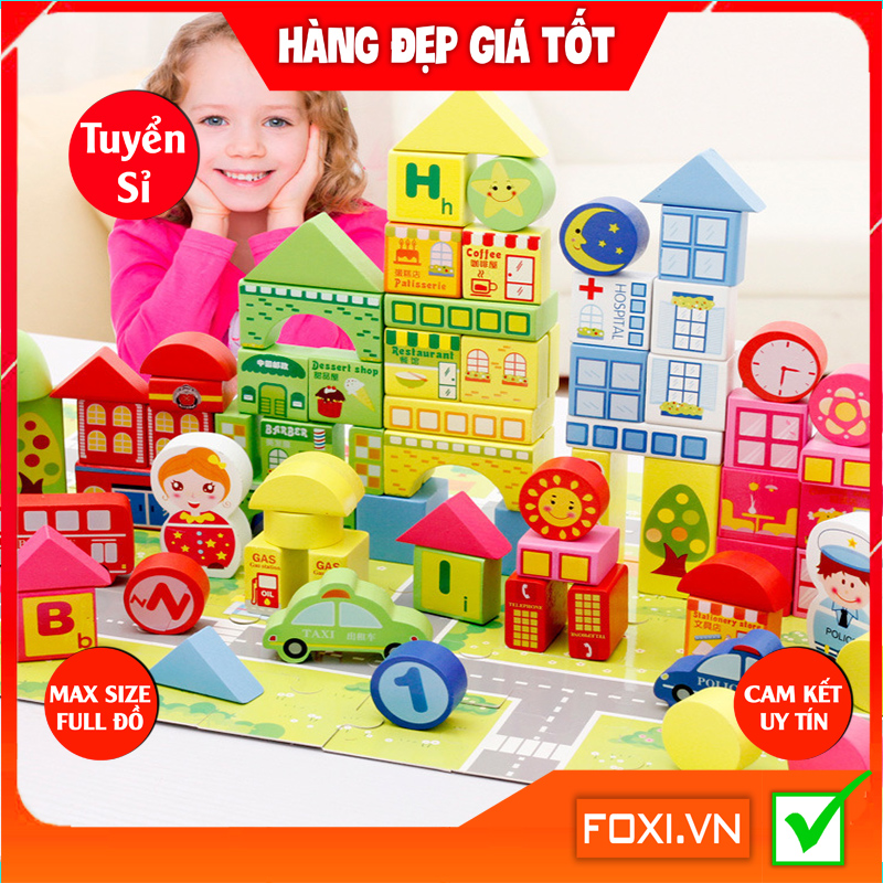 Bộ xếp hình khối mô hình thành phố thu nhỏ bằng gỗ Foxi-Có tranh ghép nền-Giúp bé tăng khả năng sáng tạo-Rèn luyệnsự khéo léo