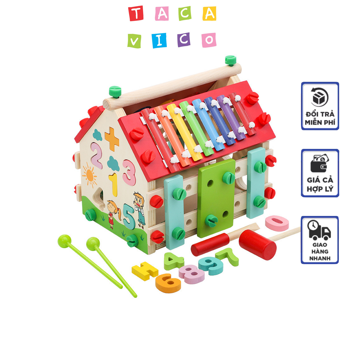 Bộ đồ chơi xếp hình bằng gỗ ngôi nhà đa năng 36 chi tiết-TACAVICO. Đồ chơi lắp ráp bằng gỗ cao cấp. Đồ chơi đa năng cho trẻ. Giáo cụ Montessori, ngôi nhà lắp ráp