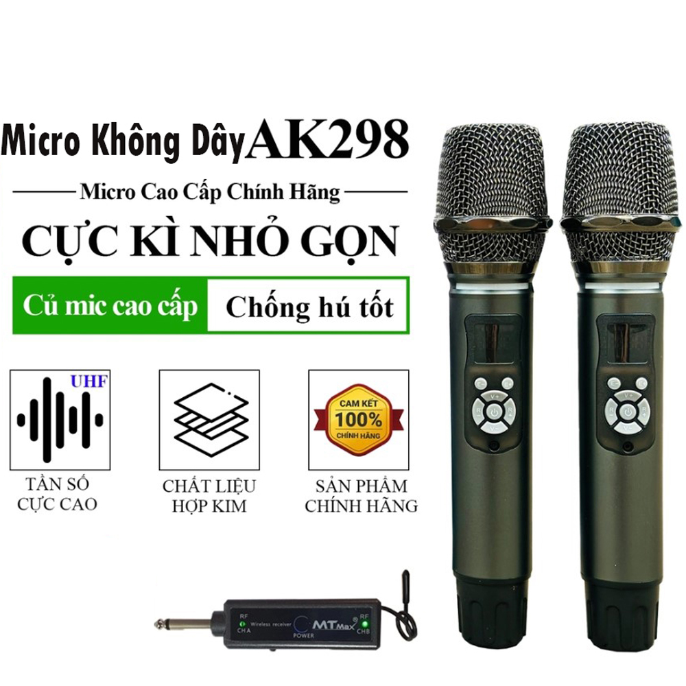 Micro không dây ak298, micro karaoke không dây. chỉnh echo, reverb trên micro, tần sóng uhf, bắt cực xa, sóng siêu sạch, hát cực nhẹ, sử dụng cho âmli, vang cơ, loa kéo, mixer