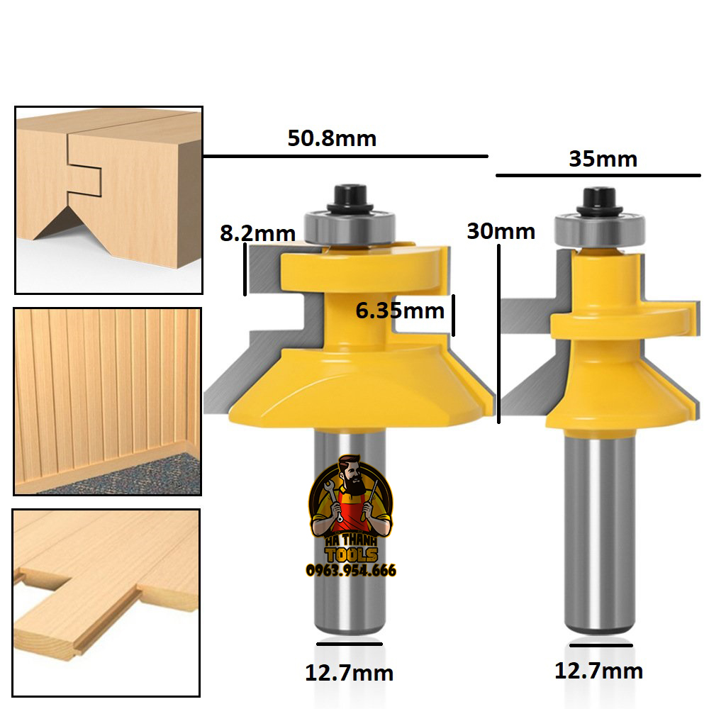 Bộ 2 mũi phay gỗ ghép ván tường, ván sàn độ dày 15 - 40mm