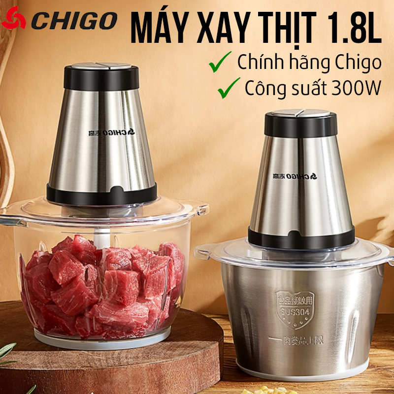 Máy Xay Thịt Chigo 2 Lưỡi Kép Hàng Nội Địa Trung Cao Cấp Cối Thủy Tinh Inox Xay Tỏi Ớt Xay Đá Công Suất 300W