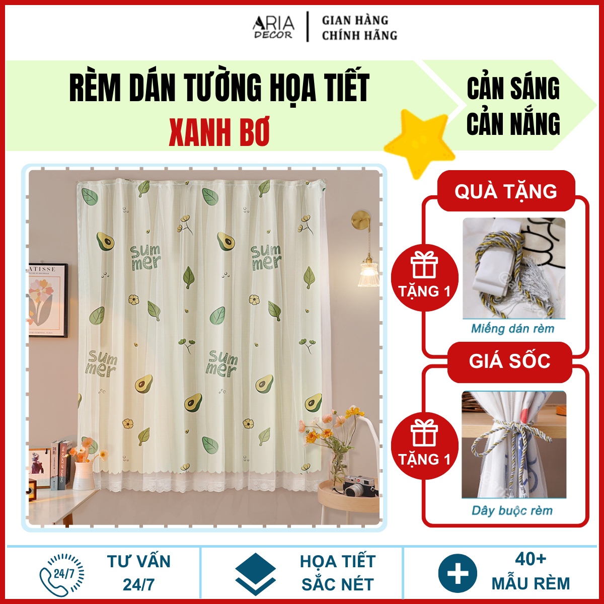 [Video thật+ quà tặng] Rèm cửa dán tường ARIA DECOR họa tiết Xanh bơ tươi mát trang trí phòng, góc học tập cực xinh