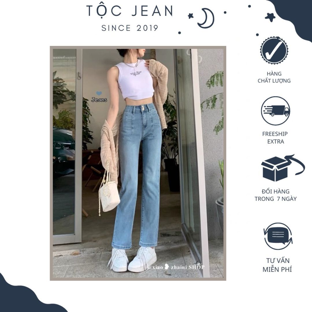 Quần jean ống đứng 2 cúc màu xanh nhạt tocjean phong cách Hàn Quốc