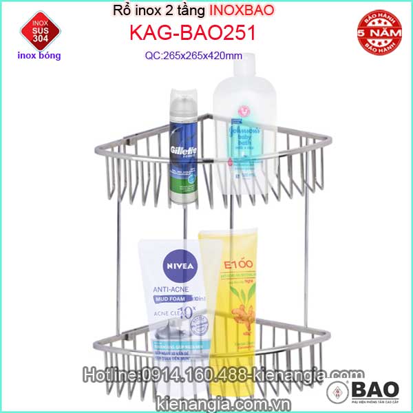 Kệ góc phòng tắm inox bảo kag-bao251, kệ 2 tầng 26,5x42 cm sus304 dập khuôn cao cấp sang trọng tinh tế đến từng chi tiết