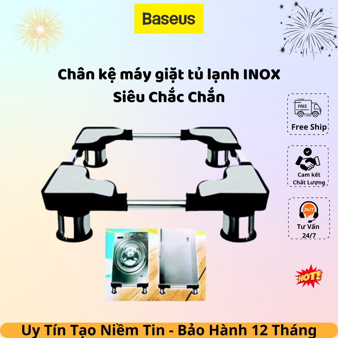 ( Chính Hãng ) Kệ Máy Giặt Tủ Lạnh Đa Năng Inox 304 – Loại Tốt Có Đế Cao Su Chống Trơn Trượt, Chống Rung – Inox Sáng Bóng Chống Rỉ Sét