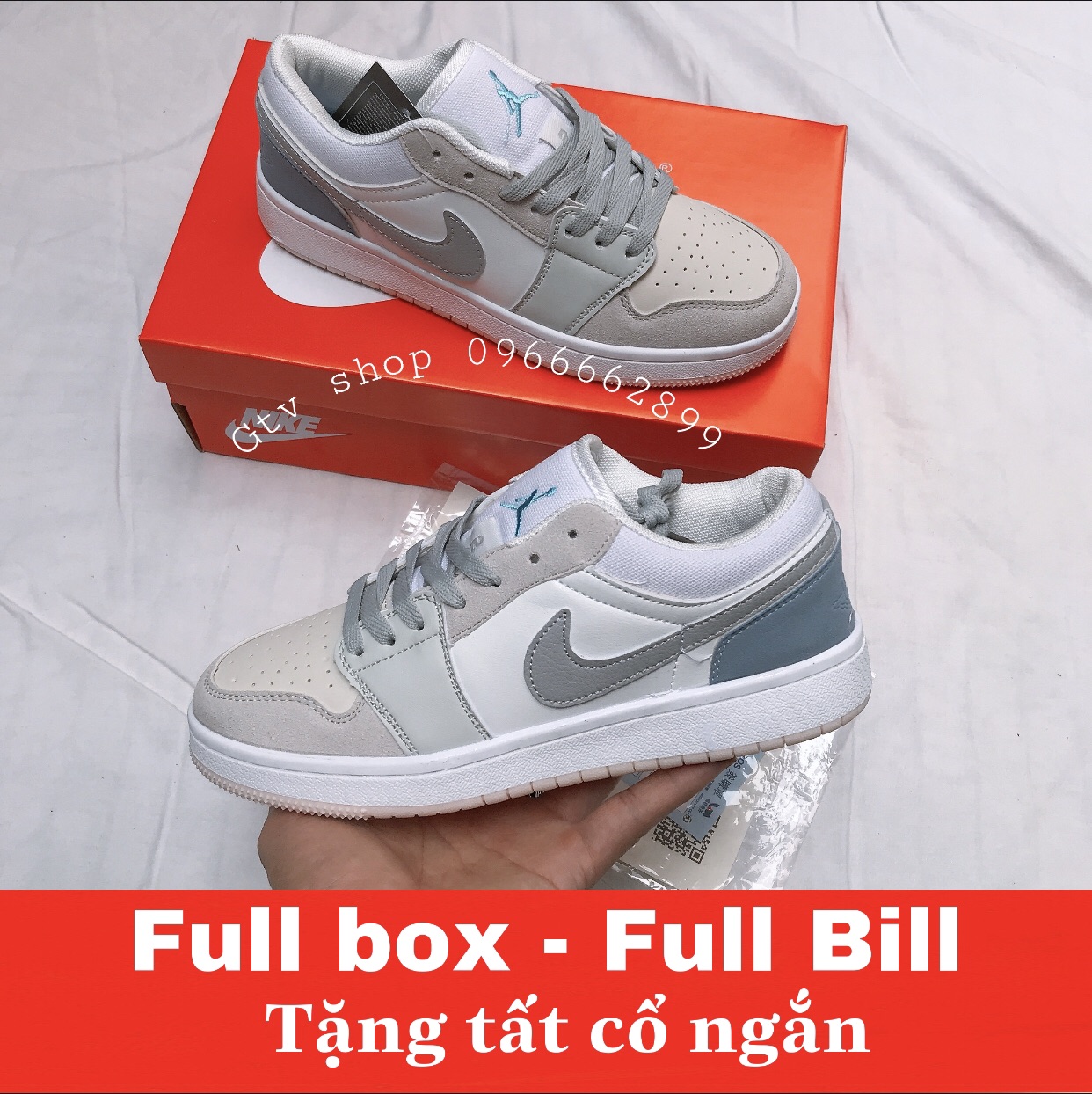 Full box-Full Bill, Tặng tất - Giày thể thao nam nữ jordan ghi xám cổ thấp.