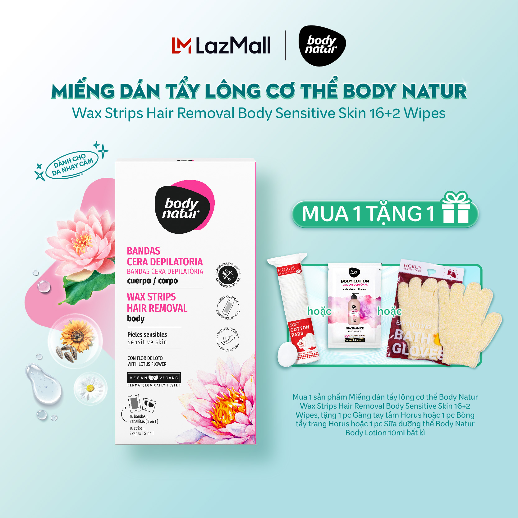 Bộ miếng dán tẩy lông cơ thể Body Natur Wax Strips Hair Removal Body Sensitive Skin 16+2 Wipes (khăn lau)