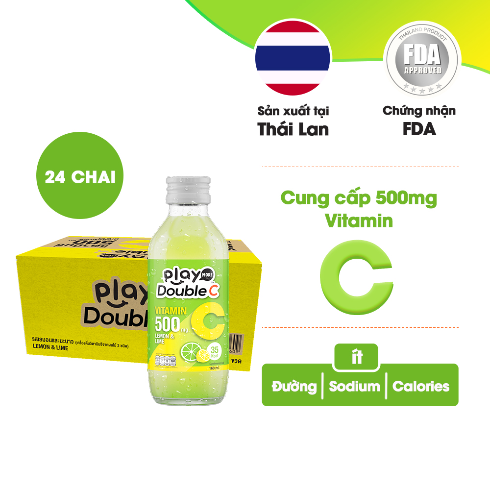 Lốc 6 chai nước vitamin C Thái lan vị chanh xanh và chanh vàng Playmore Double C 160ml