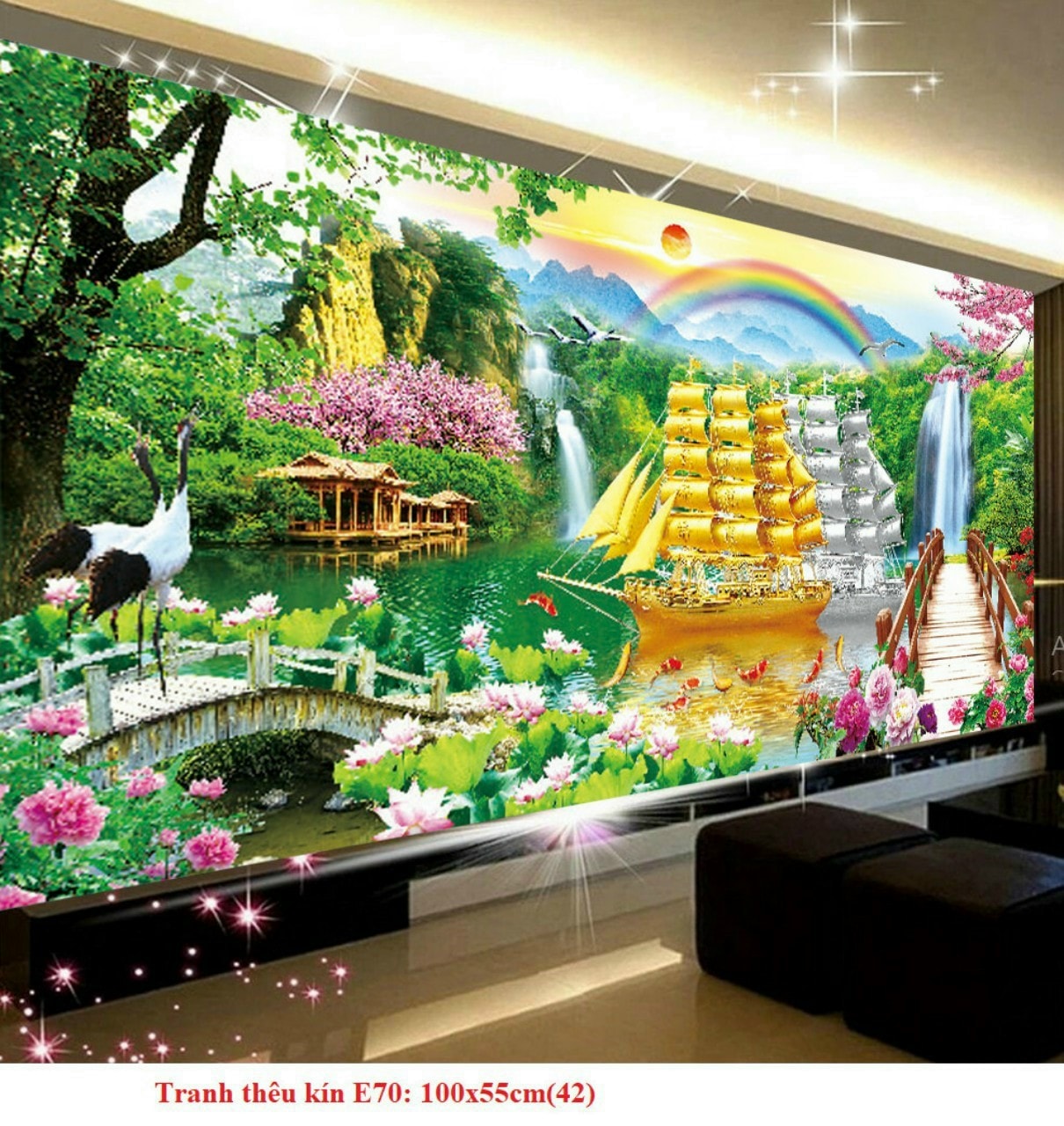 [Tặng kéo]Tranh thêu kín phong cảnh Thuận buồm xuôi gió (Tranh chưa thêu)