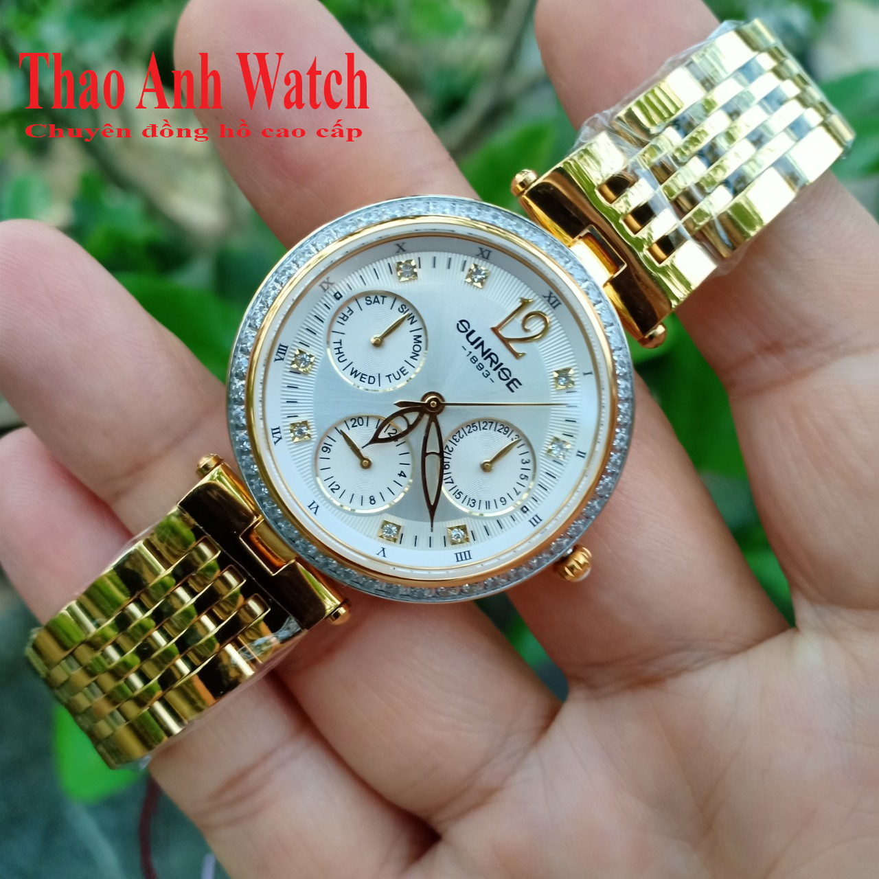 Đồng Hồ Nữ SUNRISE 2191AA 6 kim viền đính đá, vàng mặt trắng, kính sapphire chống xước, chống nước tốt.
