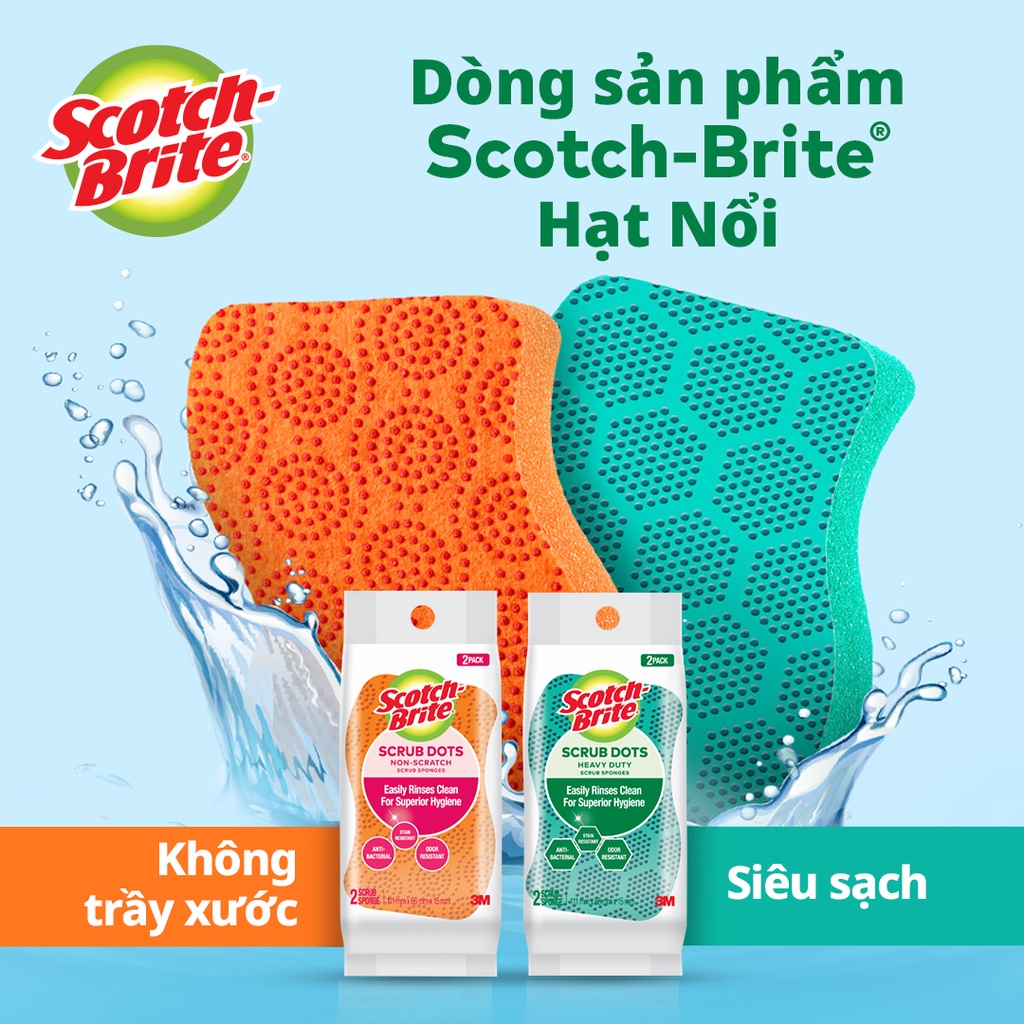 Miếng rửa chén hạt nổi 3M ScotchBrite siêu sạch chống trầy gói 2 miếng xanh/cam Làm sạch các vết bẩn cứng đầu