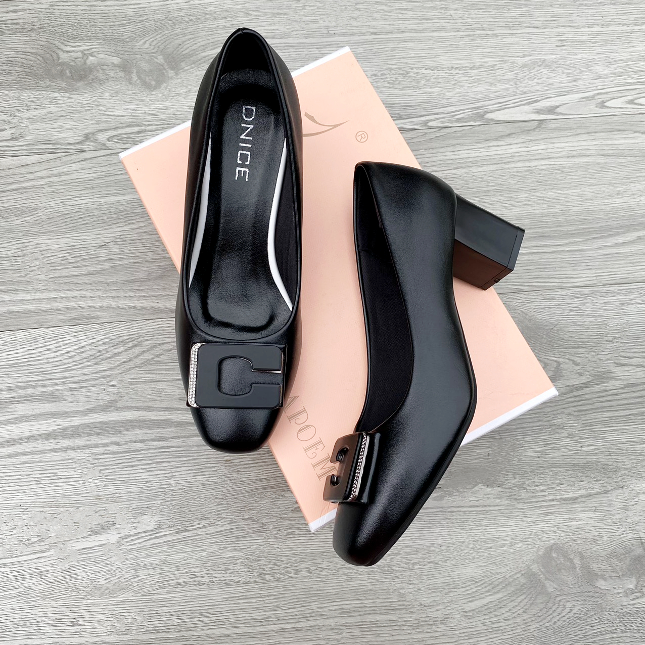 Giày cao gót mũi vuông da mềm đính mác gót vuông 3c, 5cm, 7cm