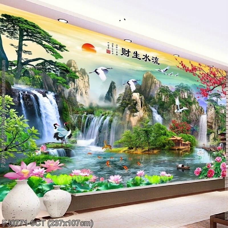 Tranh thêu phong cảnh lưu thuỷ sinh tài khổ lớn 237x1m