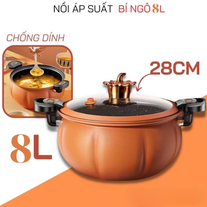 Nồi áp suất bí Ngô 8L, Nồi áp suất chống dính đa năng, nồi áp suất gia đình nấu bếp từ, nồi áp suất nấu bếp ga, nồi áp xuất mini nấu ga, bếp từ, Nồi hầm 4in1 đa năng, hầm gà, cháo - Nồi chiên, xào, nấu lẩu, nấu cơm