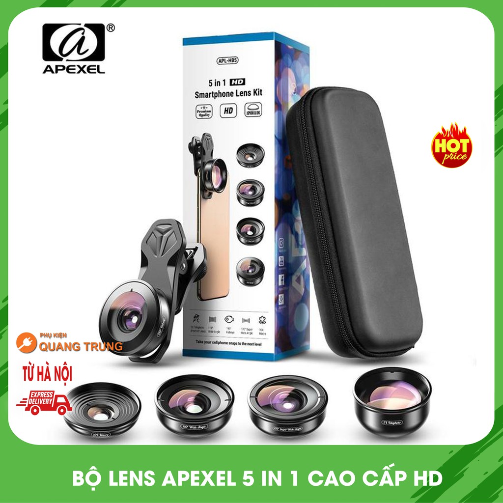 Bộ lens 5in1 apexelống kính chụp ảnh 4k cho điện thoạismartphonelens góc rộng, lens macrolens mắt cá, lens chân dung