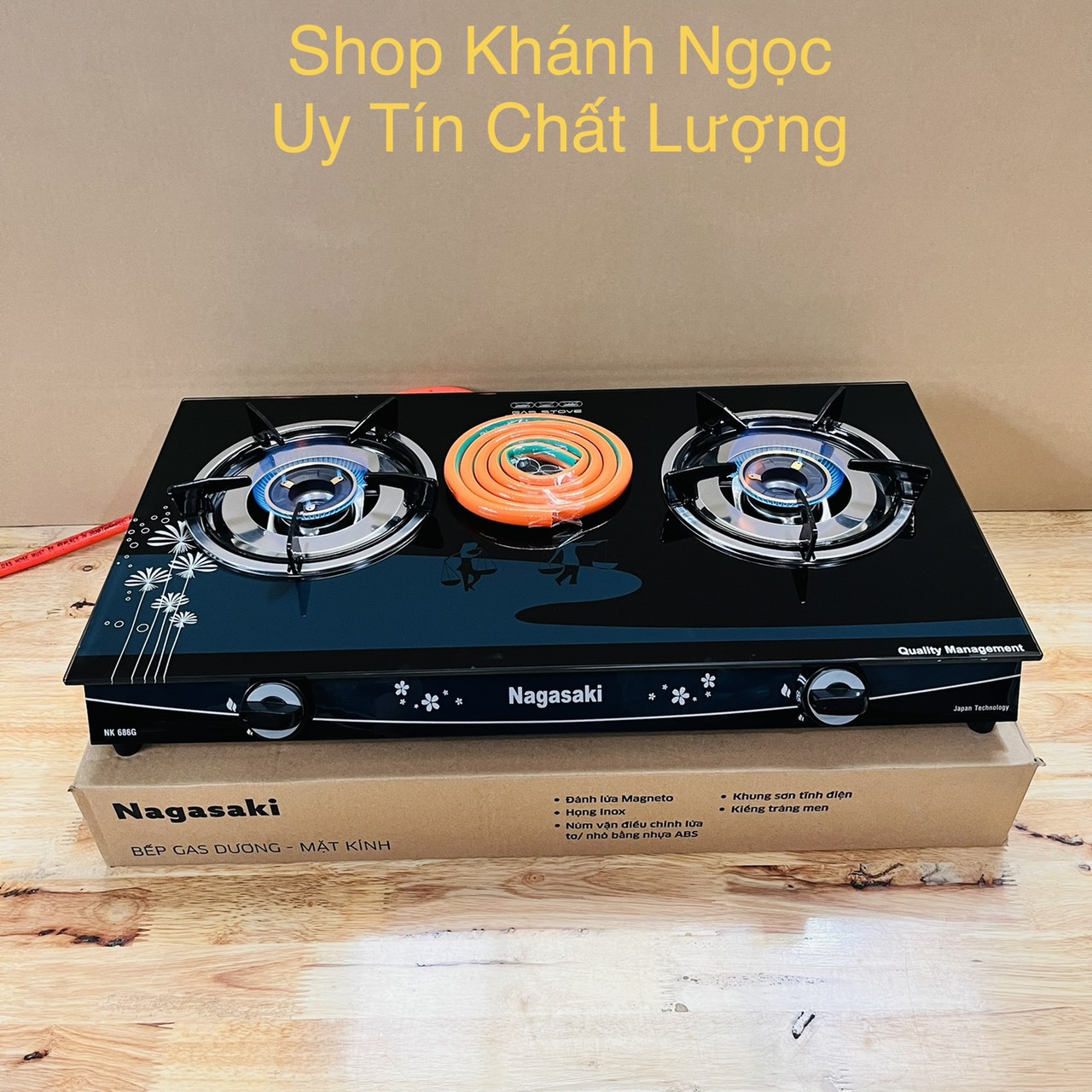 Bếp gas nagasaki nk-686g + van dây gas - tiết kiệm gas - đầu đốt đồng thau - kính cường lực - bảo hành 12 tháng