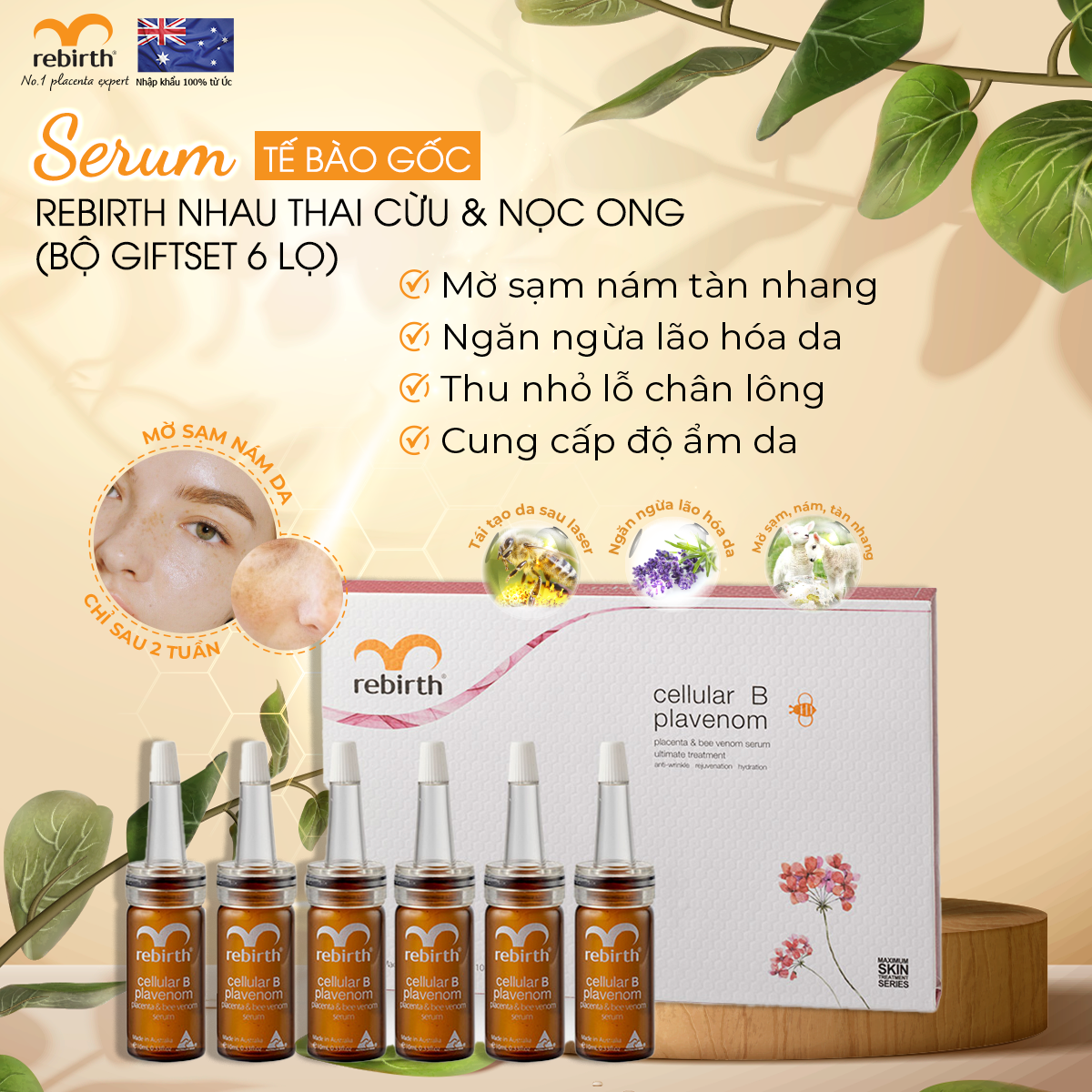 Bộ 06 Serum tế bào gốc Rebirth nhau thai cừu & nọc ong (10ml x 6chai)