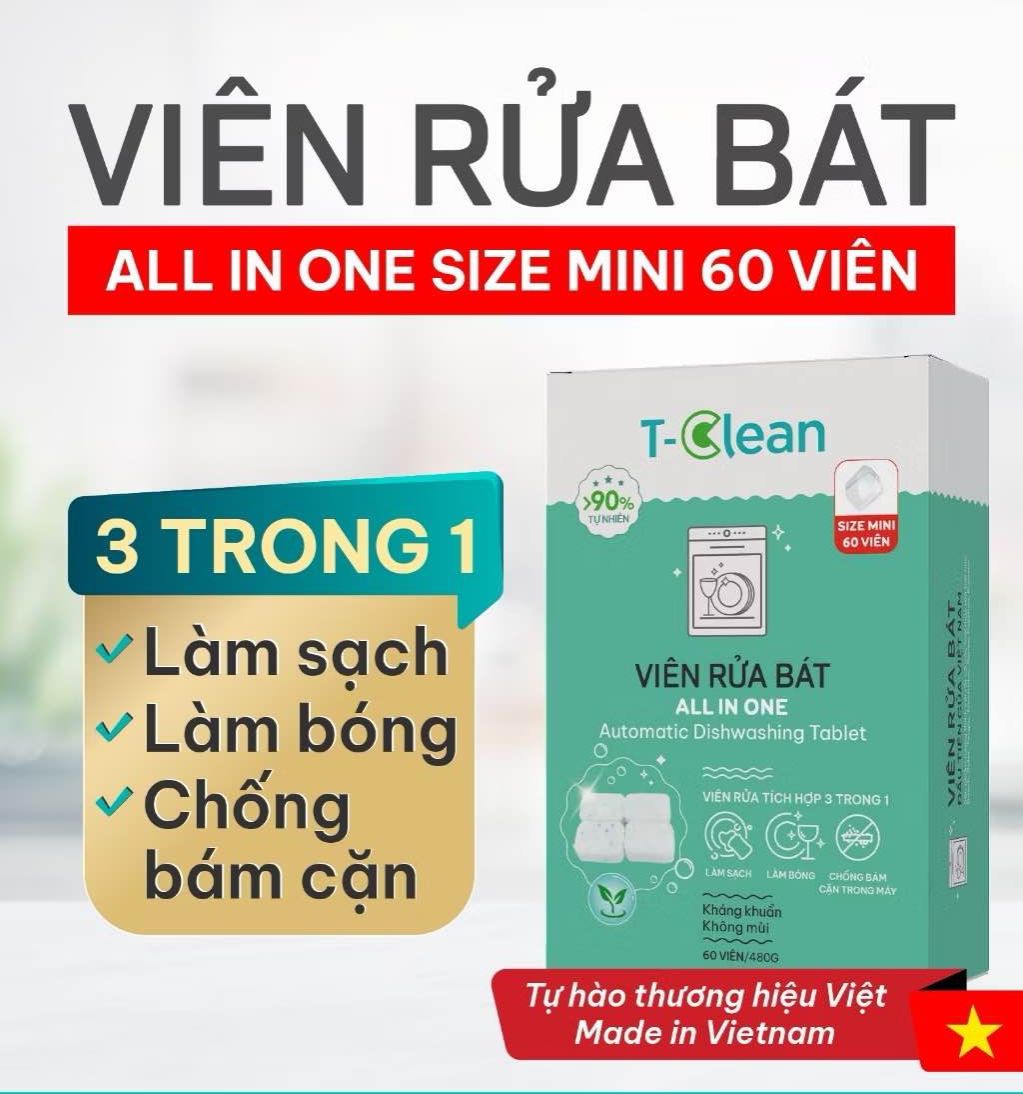 Viên rửa chén bát T-Clean Eco Mini 3 Effects (60v mini) dành cho máy rửa bát kháng khuẩn, sáng bóng, không lưu mùi hóa chất