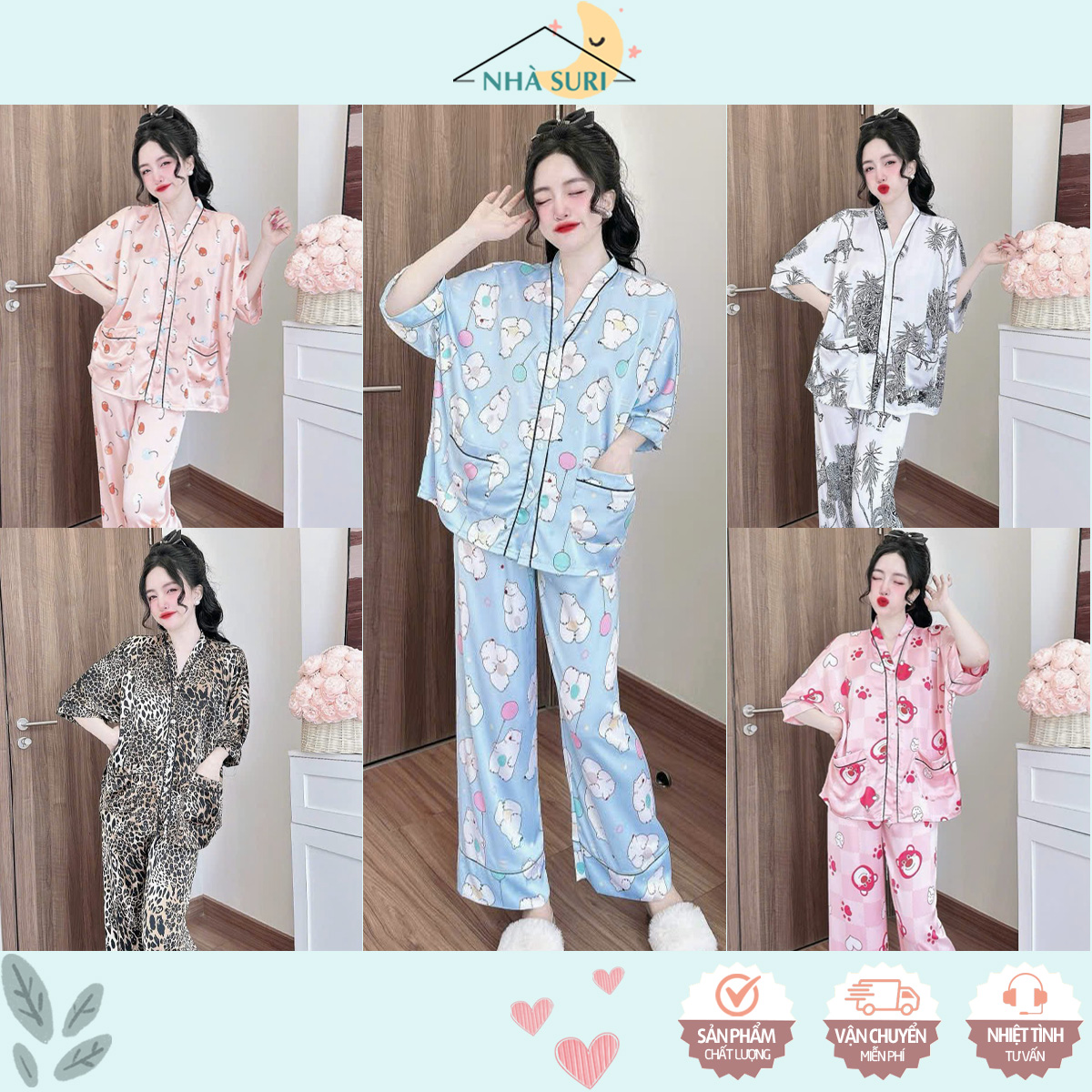 Đồ bộ lụa Latin tơ tằm mặc nhà mịn mát tay ngắn quần dài cánh rơi nhà suri