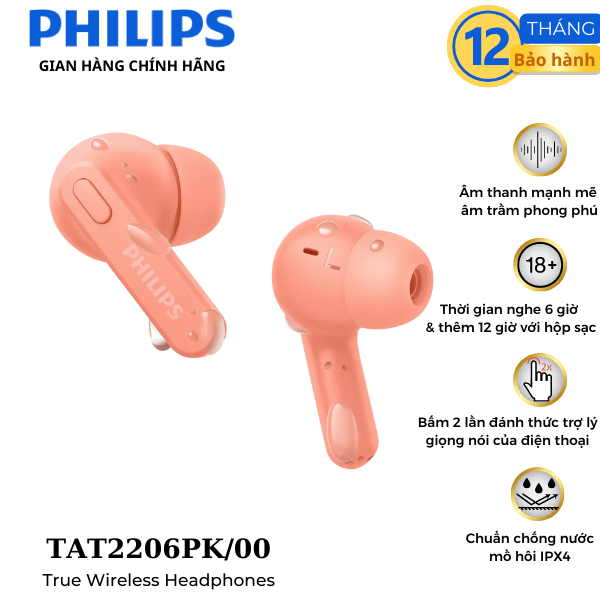 Tai nghe không dây Philips T2206 , chống nước IPX4, thời gian chơi nhạc lên đến 18 giờ.