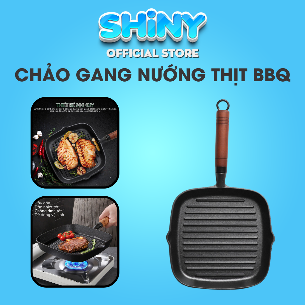 Chảo gang nướng thịt bbq, chảo gang làm bít tết steak đúc nguyên khối chống dính size 22cm tay cầm gỗ dùng cho mọi bếp