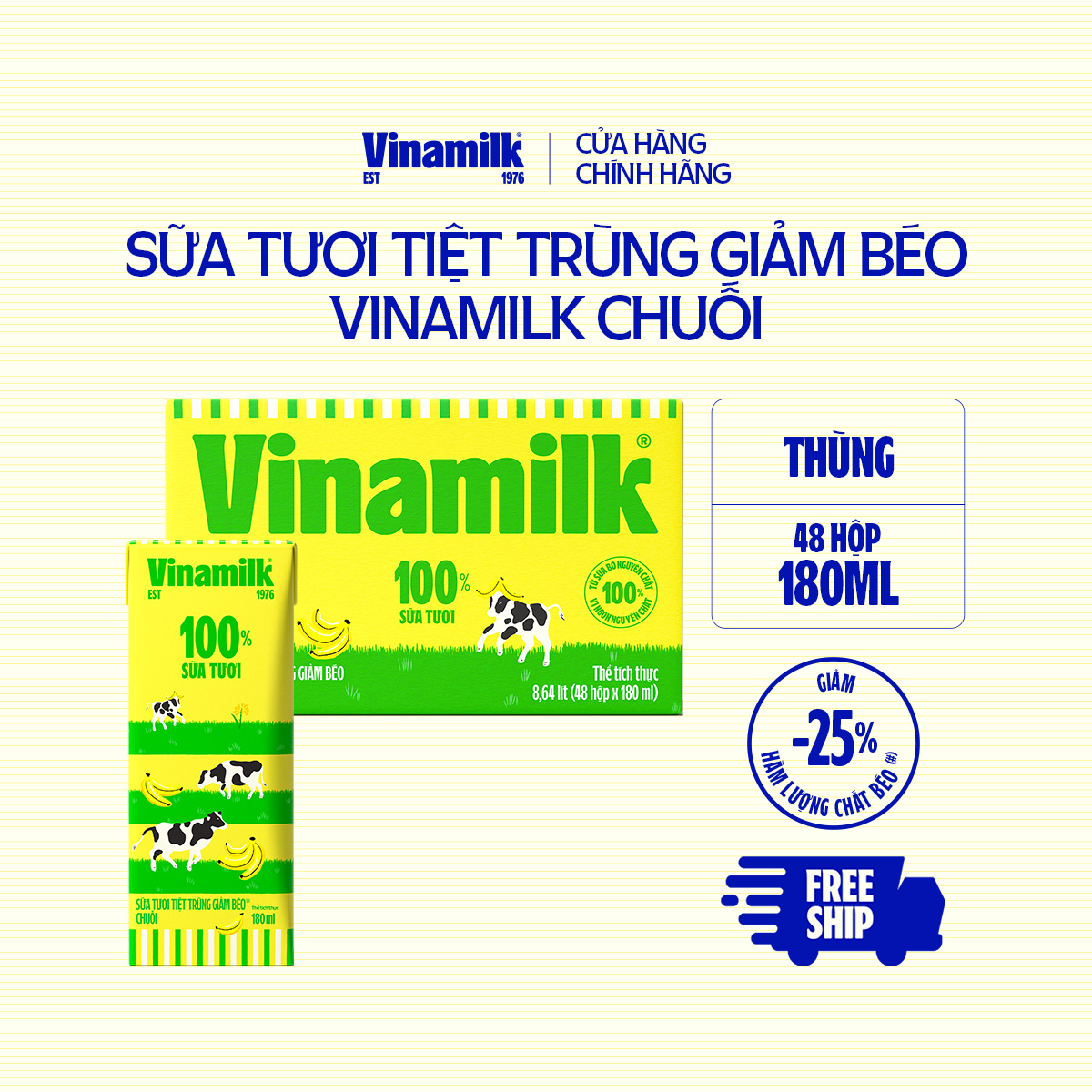 Thùng 48 Hộp Sữa Chuối Ít Béo Vinamilk 100% - Thùng 48 hộp 180ml