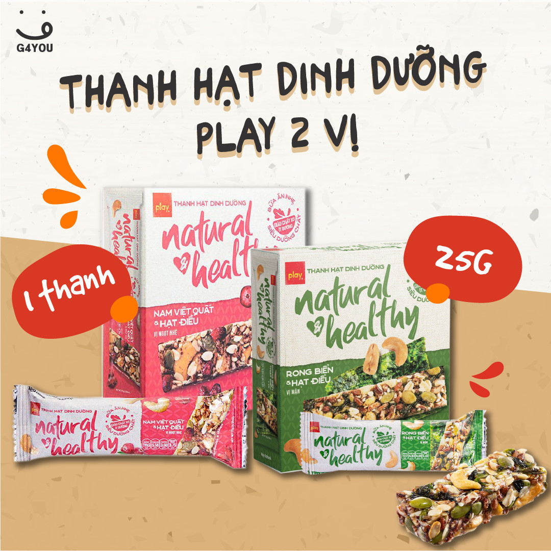 Thanh hạt dinh dưỡng ăn kiêng giảm cân thuần chay play 3 vị 1 thanh 25g giàu chất xơ