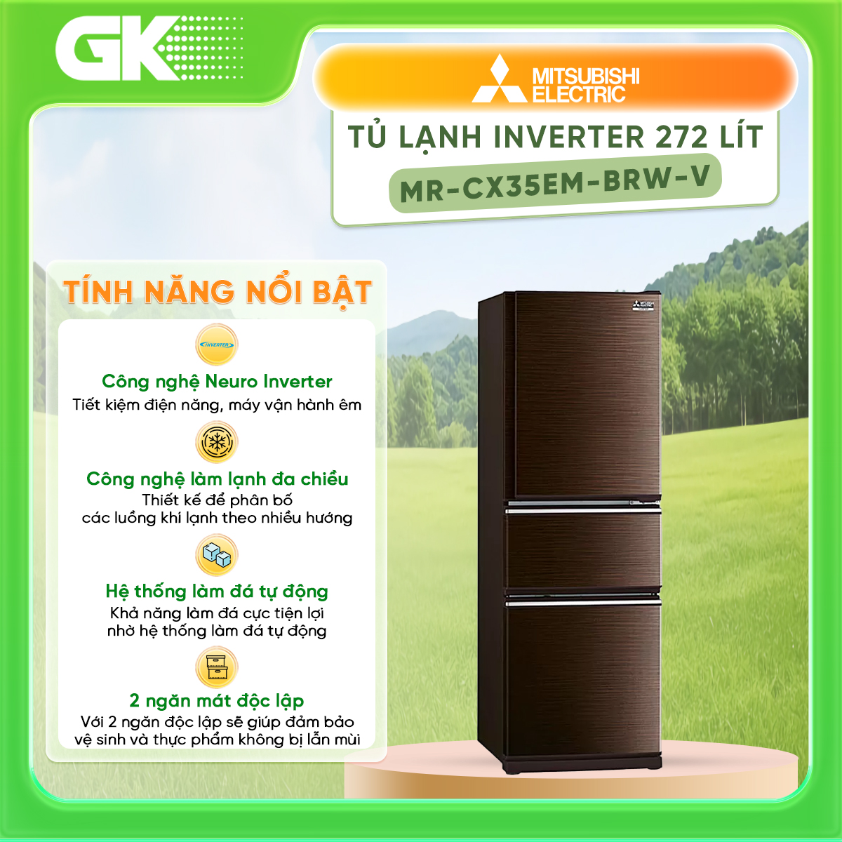 Tủ lạnh mitsubishi 272 lít 3 cửa inverter mr-cx35em-brw-v - giao toàn quốc - freeship hcm