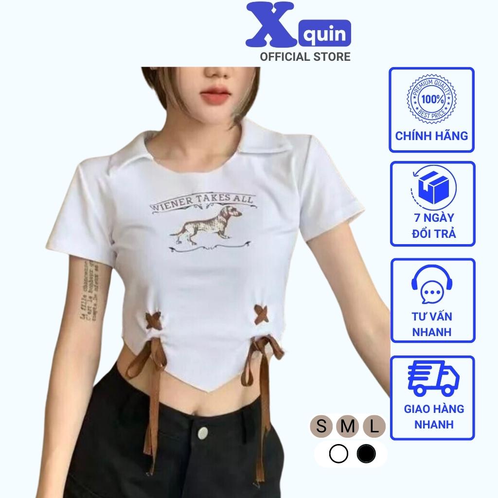 Áo croptop nữ ngắn tay vạt nhọn phối rút dây 2 bên cực xinh Xquin Áo kiểu nữ ôm body in hoạ tiết