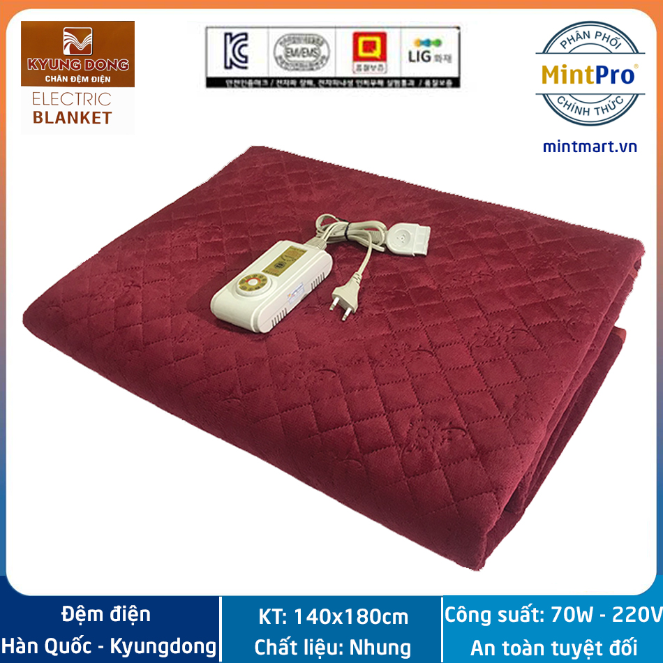 Đệm điện Hàn Quốc Kyungdong vải Nhung cao cấp kích thước 140x180cm - Bảo hành chính hãng 12 tháng