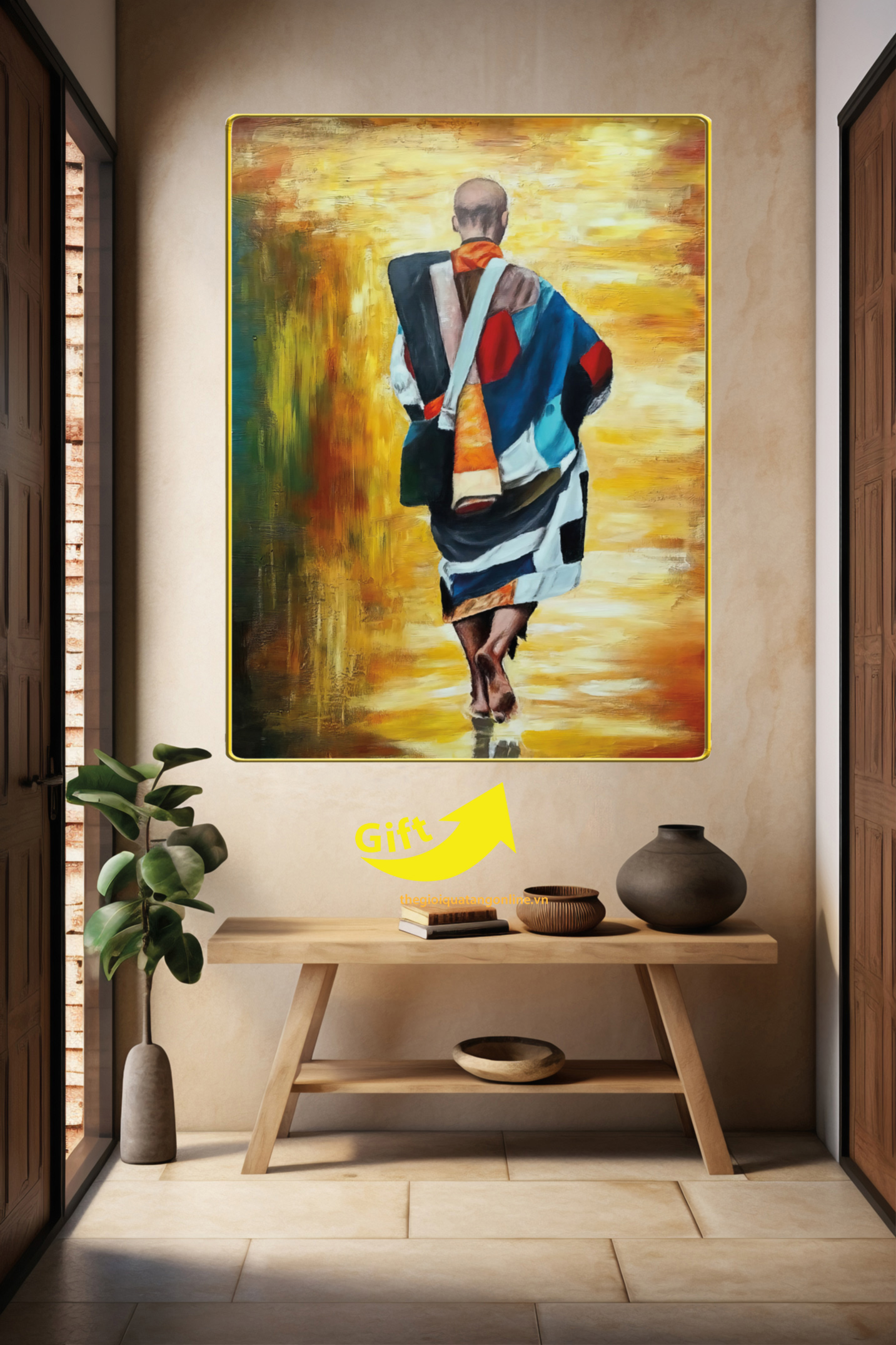 Tranh Sư Thích Minh Tuệ mẫu 1 , chất liệu gỗ in tráng gương bọc viền khung cao cấp
