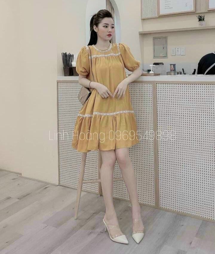 Đầm bầu voan dày phối viền ren cổ và viền đuôi cá cực xinh TTSA1195
