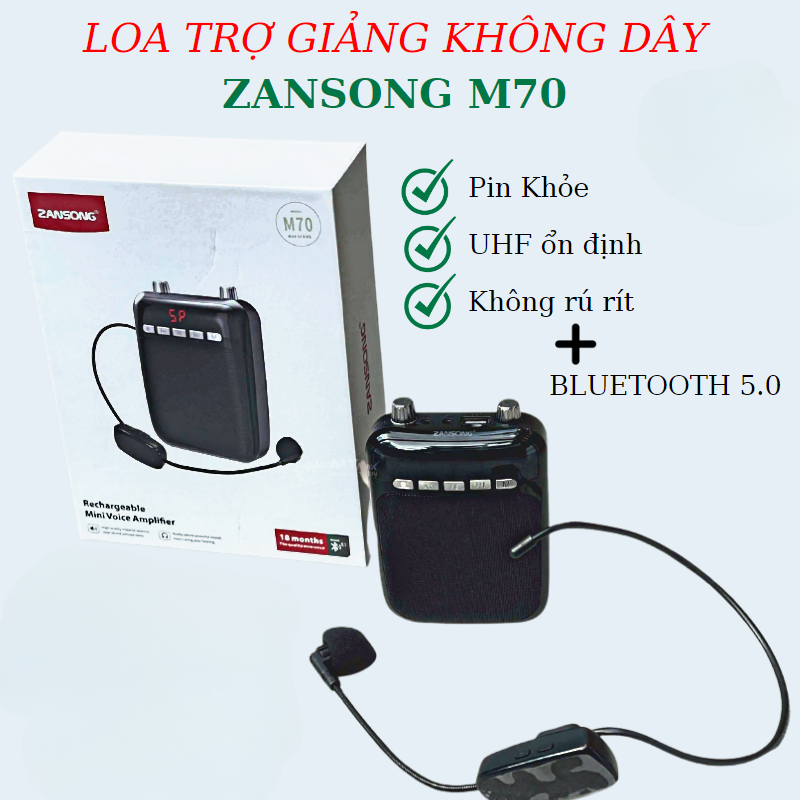 Máy trợ giảng KAW Zansong M70, Máy trợ giảng cho giáo viên, Máy trợ giảng không dây, Loa trợ giảng mic không dây, kèm mic cài đầu không dây, nhỏ gọn pin bền, công suất lớn 15W, Âm thanh lớn, Hàng Chính Hãng