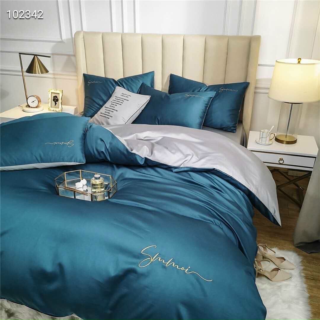 Bộ 5 Món Chăn Trần Bông Ga Gối Tencel 40s Sumoi Lan Pham Bedding - Màu Xanh Cổ Vịt