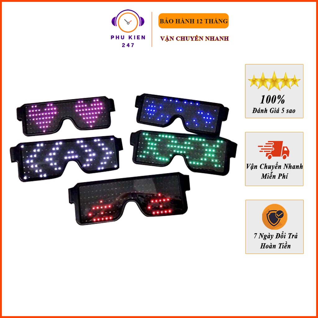 Kính Led Phát Sáng, Kính Led Gắn Đèn Phát Sáng Nhiều Màu, Tùy Chỉnh 8 Chế Độ - Kèm Cổng Sạc USB - Cực Ngầu