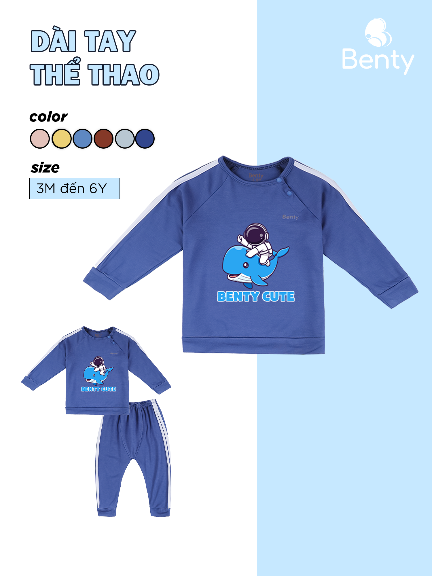 Bộ dài tay cài chéo thể thao in cá heo BENTY BT092 mềm mịn mát quần áo trẻ em phong cách